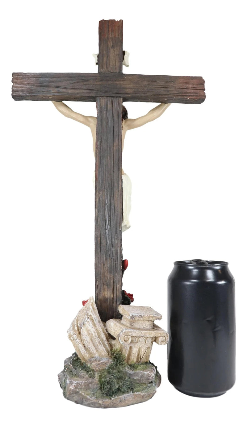 Jesus Christ On Cross W/ Rose of Sharon Base Decorative Crucifix Statue-8