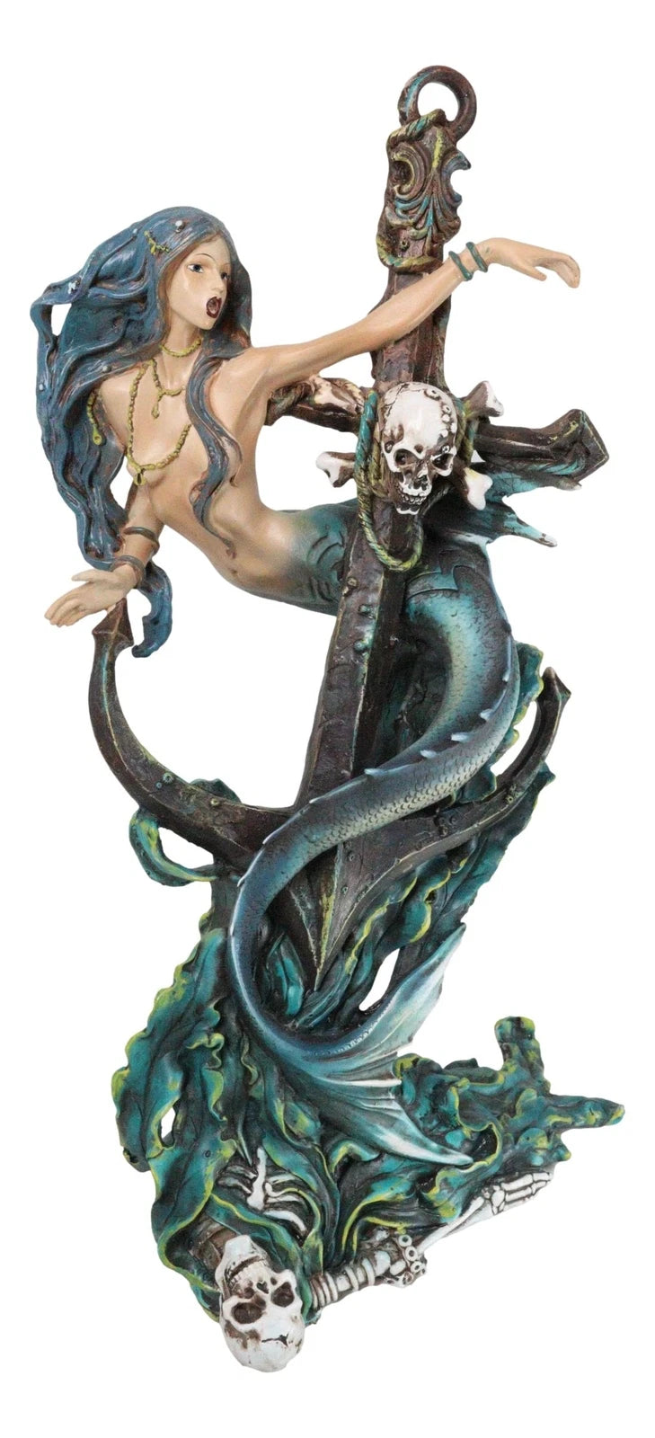 Siren Mermaid Holding Ship Anchor with Skulls On Ocean Waves Home Decor Figurine-8