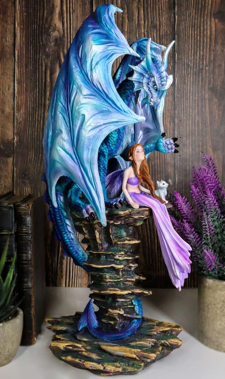 Giant Leviathan Blue Dragon Protecting A Young Princess Fairy With Kitten Statue-6