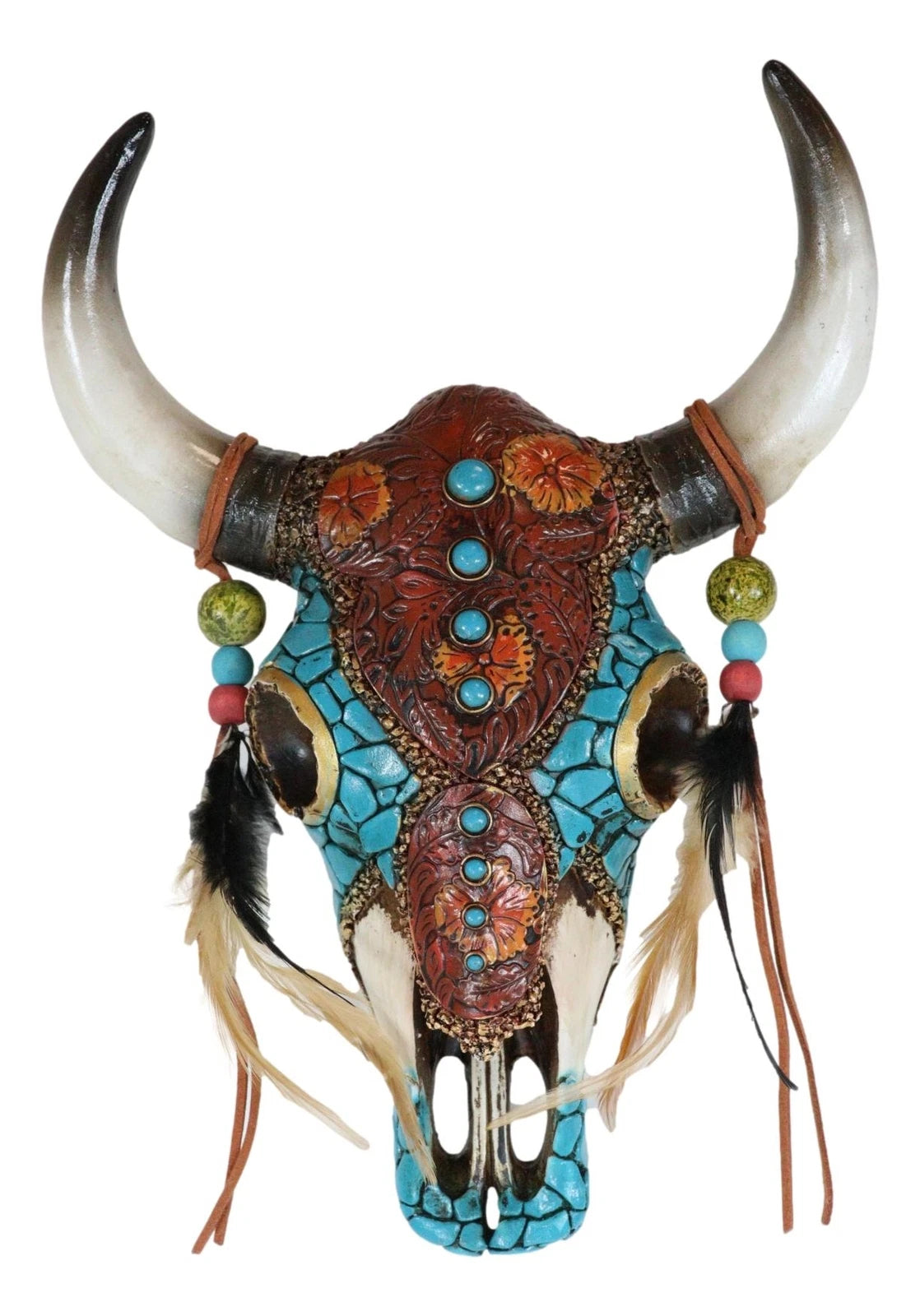 Southwest Tooled Leather Cow Skull With Turquoise Gems And Feathers Wall Decor-7