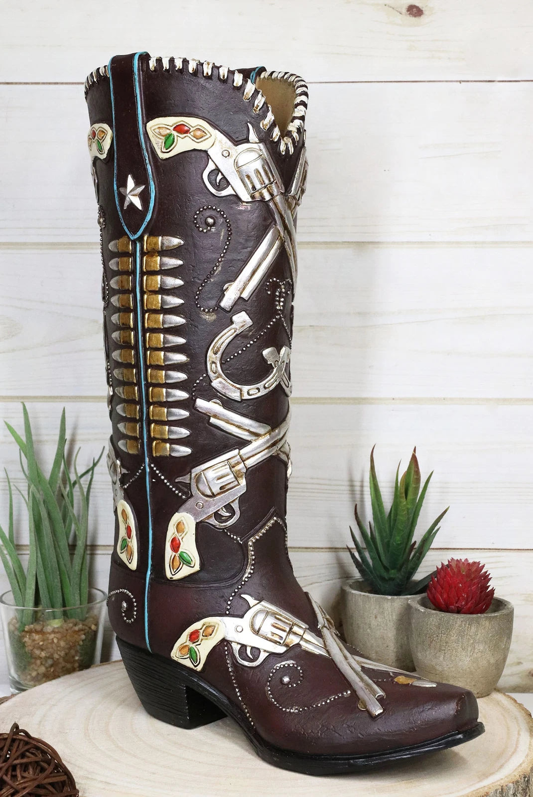 Six Shooter Pistols And Bullets Cowboy Boot Decorative Vase Planter Figurine-1