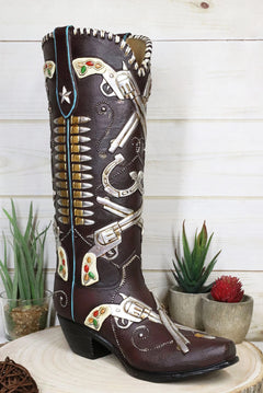 Six Shooter Pistols And Bullets Cowboy Boot Decorative Vase Planter Figurine-1