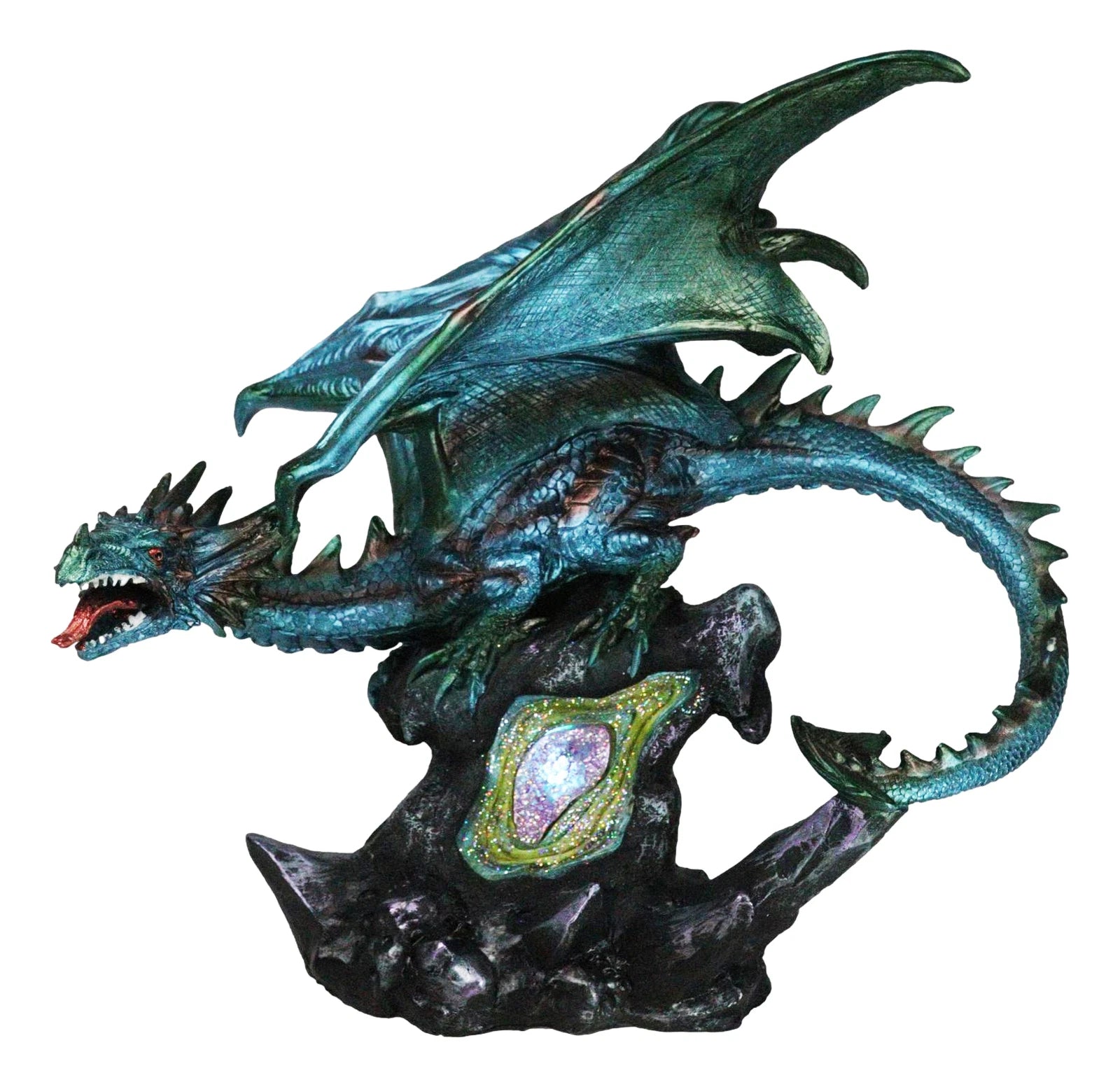 Large Aquamarine Iridescent Dragon Guarding LED Faux Crystal Geode Rock Figurine-10