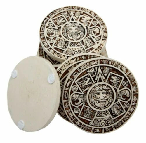 Juego de 6 posavasos con símbolos del calendario solar de los dioses aztecas y figura de soporte-6