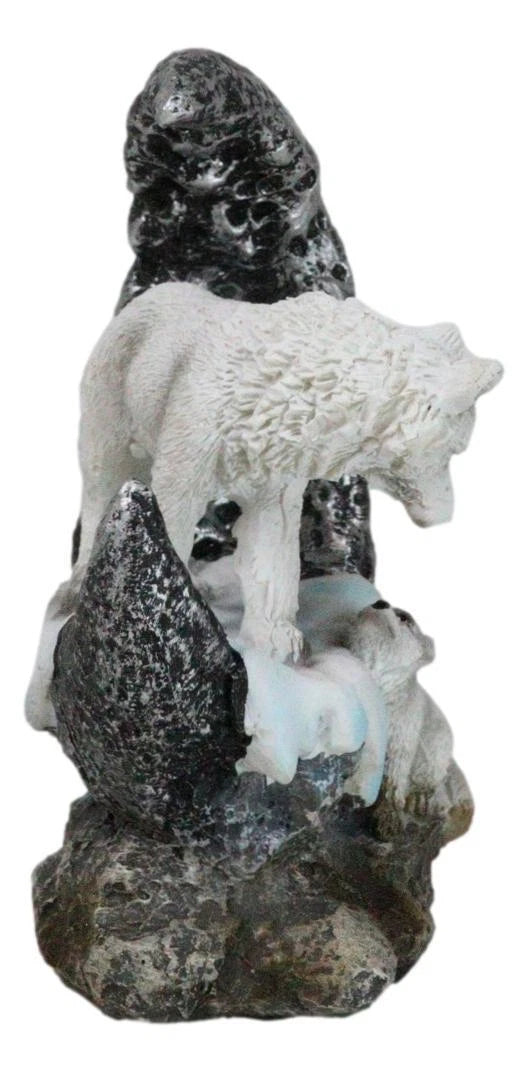 Winter Snow White Wolf Mother With Pup By Snowy Crater Crescent Moon Figurine-9