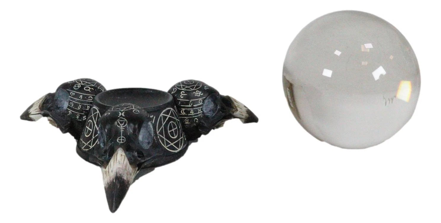 Wicca Psychic Raven Skulls Sacred Geometry Crystal Glass Gazing Ball Figurine-6