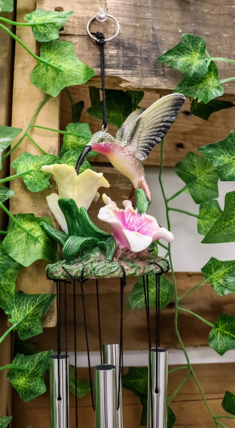 Beautiful Hummingbird with Nectarine Lily Flowers Wind Chime 21" L-7