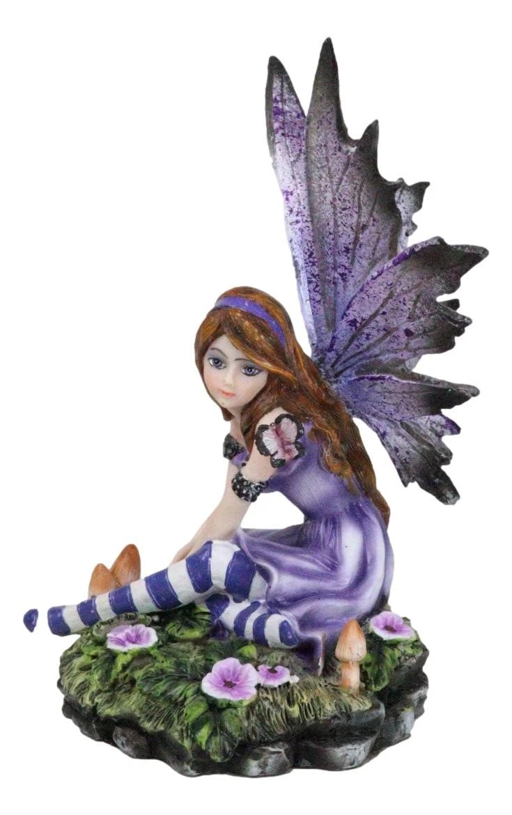 Toadstool Garden Lavender Purple Girl Fairy With Flitting Butterfly Figurine-10