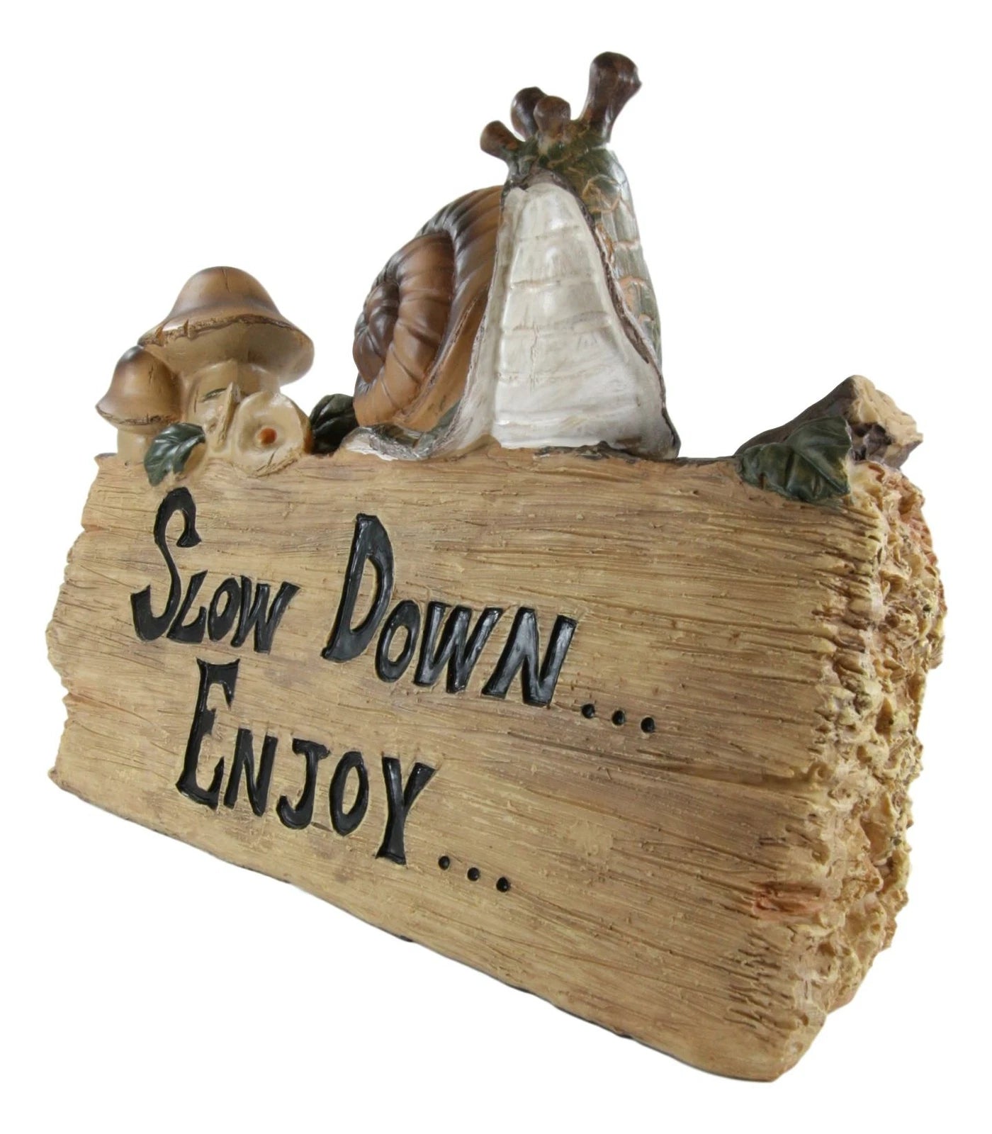 Helix Shell Snail By Mushrooms On Trunk Log With Slow Down Enjoy Sign-5