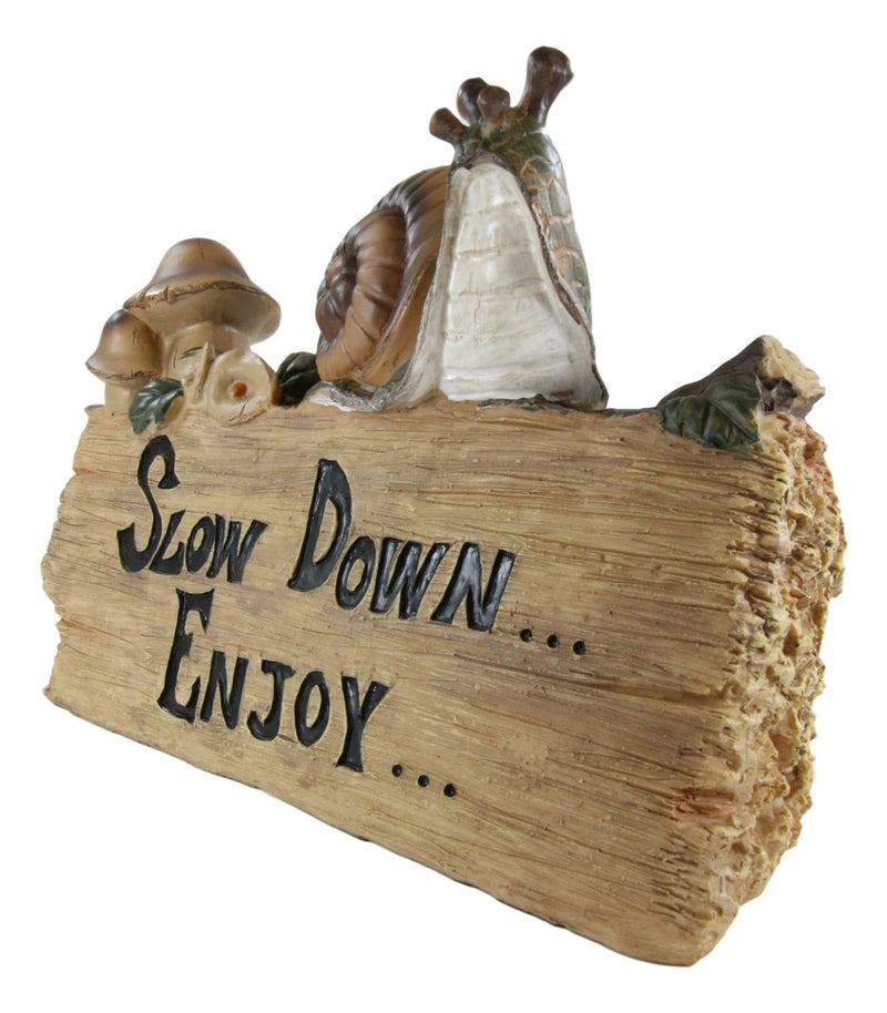 Helix Shell Snail By Mushrooms On Trunk Log With Slow Down Enjoy Sign-5