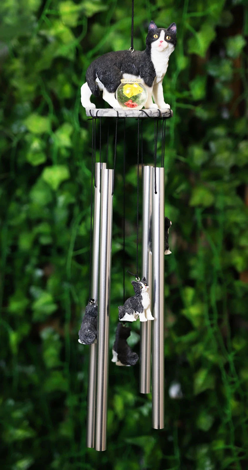 Tuxedo Black Kitty Cat with Fish Bowl Resonant Wind Chime 18.5"H Garden-6