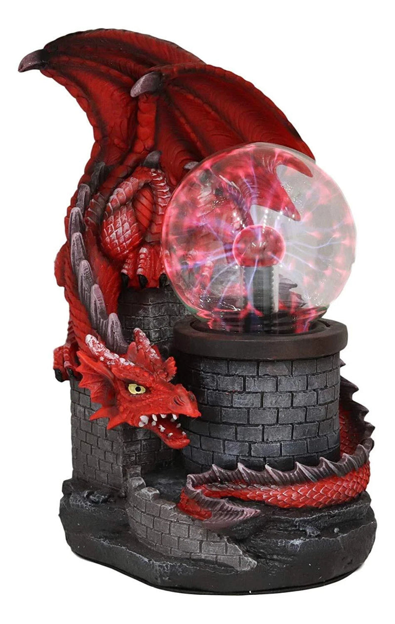 Estatua grande de la lámpara de bola de plasma del Dragón de Fuego Rojo que custodia el castillo de Dungeons Dragons-7