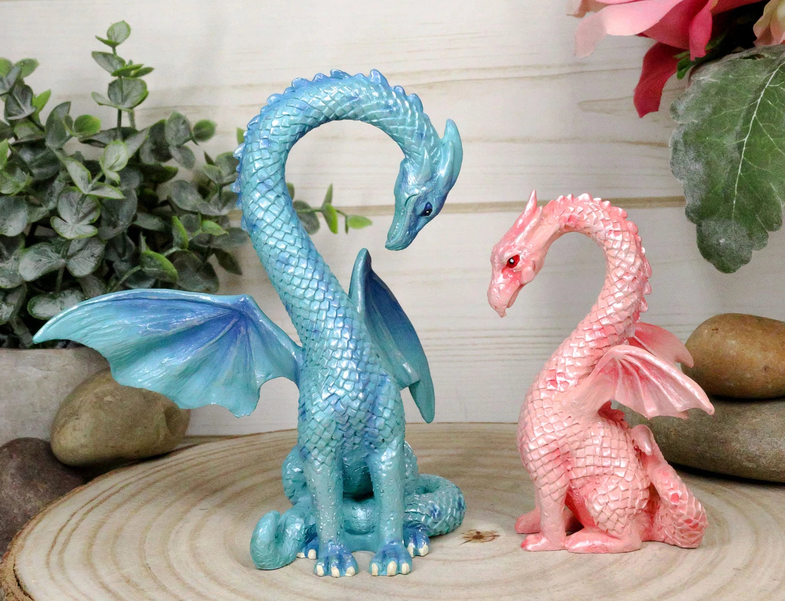 Valentines Cupid Love Dragon Couple Set of Two Blue and Pink Dragon Statue