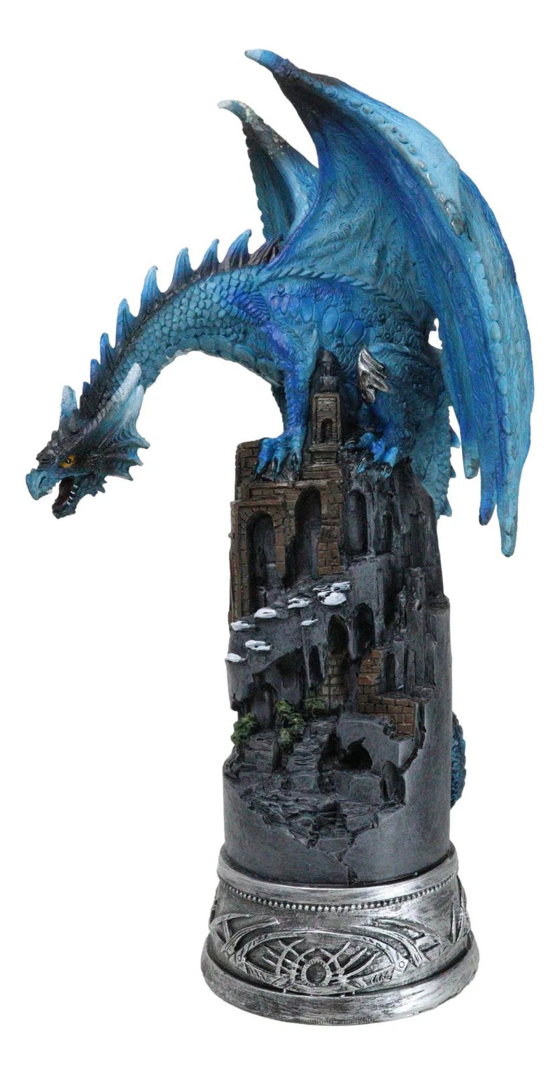 Blue Elemental Ice Dragon Perching On Medieval Stonewall Castle Tower Figurine-7