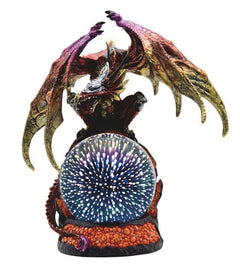 Metallic Red Gold Armored Dragon On Volcano Lava Rock With LED Optic Ball Statue-2