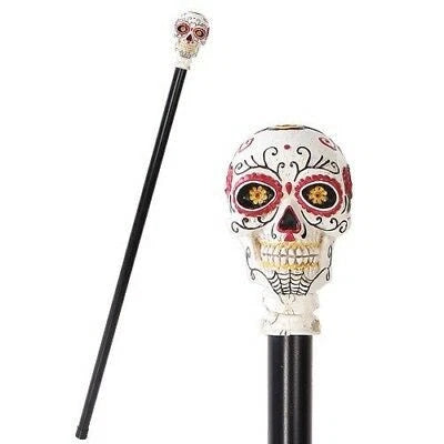 White Colorful Day Of The Dead Skull Prop Accessory Walking Cane For Parties-7