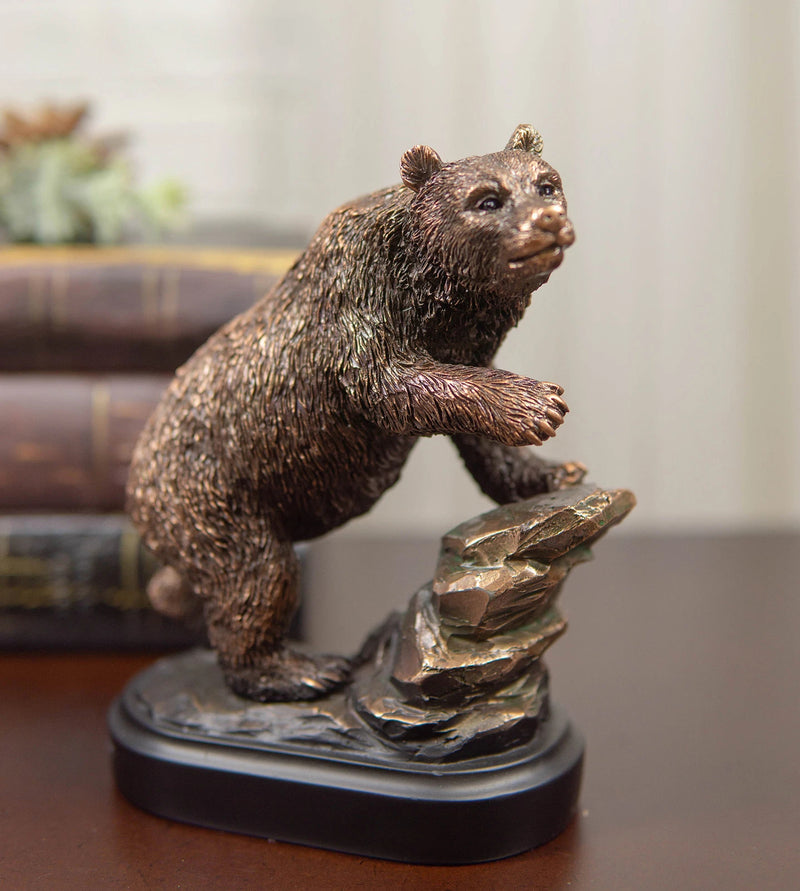 Grizzly Bear Climbing On River Rock Statue 6.25"Tall Bronze Electroplated Resin-1