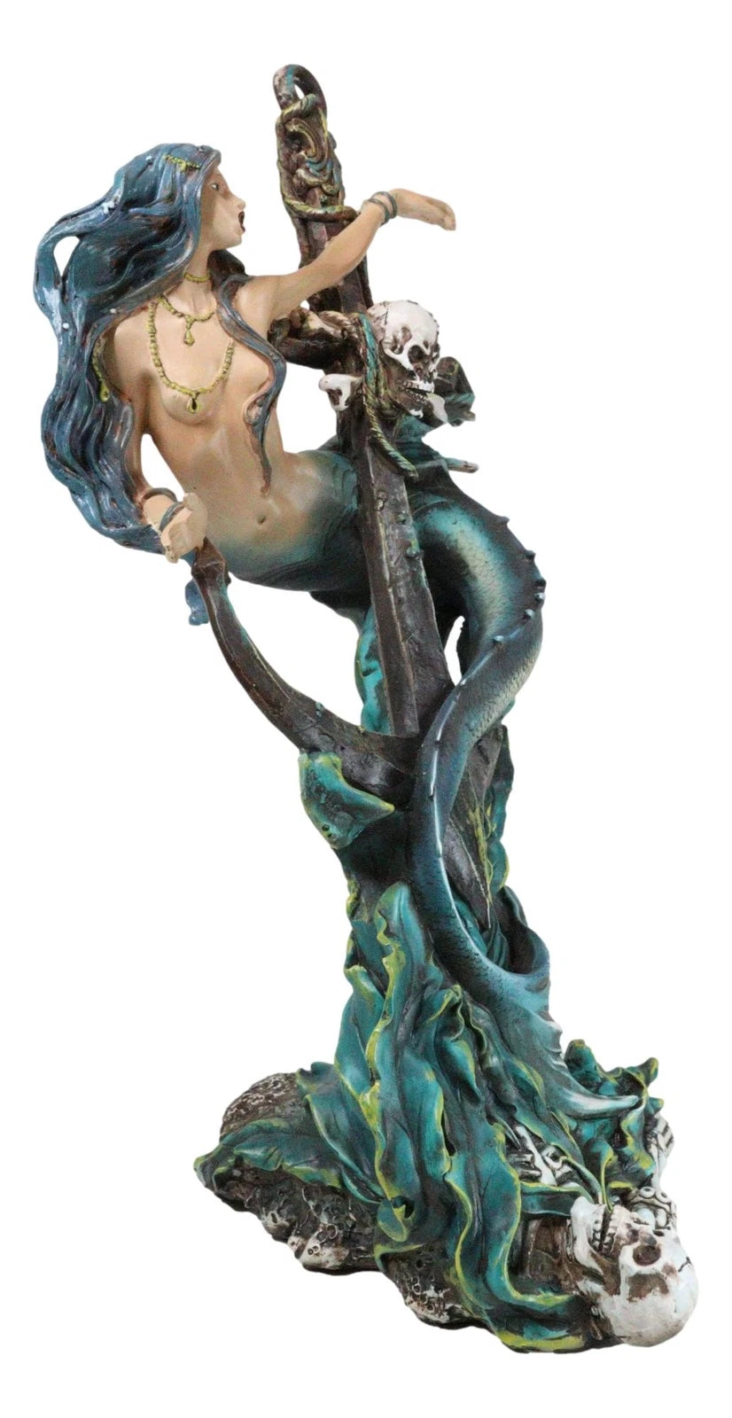 Siren Mermaid Holding Ship Anchor with Skulls On Ocean Waves Home Decor Figurine-7