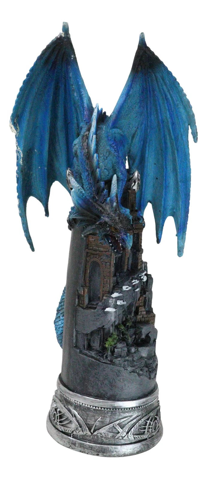 Blue Elemental Ice Dragon Perching On Medieval Stonewall Castle Tower Figurine-8