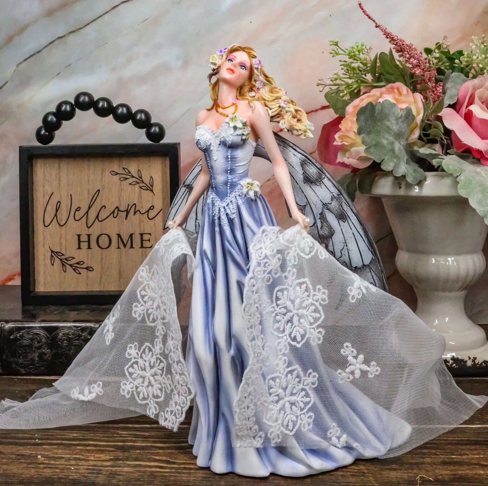 Last Light Ethereal Bridal Fairy Statue With Embroidered Sheer Fabric Decor Art-8