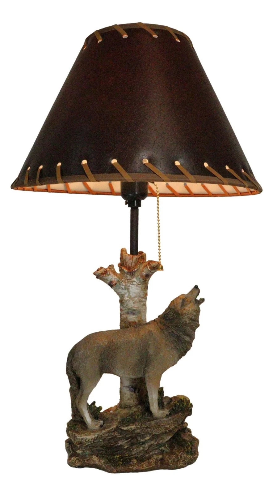 Rustic Wildlife Grey Wolf Howling By Birchwood Tree Table Lamp With Laced Shade-8