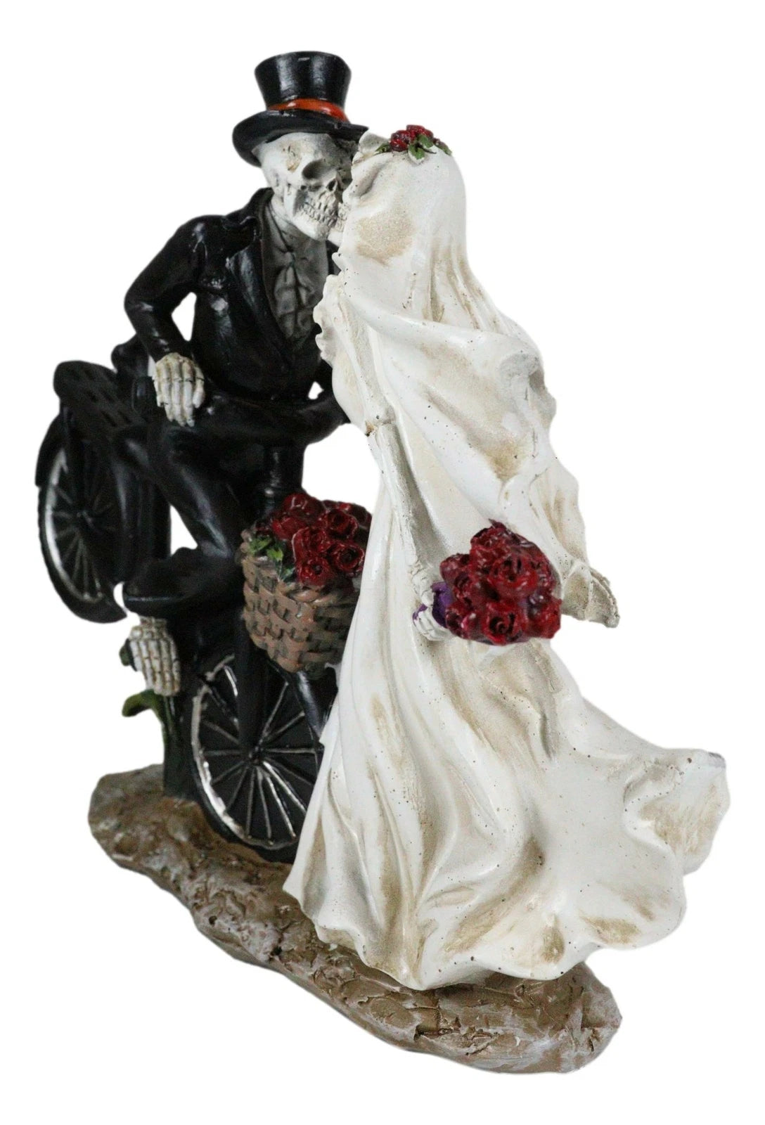 Love Never Dies Skeleton Bridal Couple Kissing On Bicycle W Rose Basket Figurine-7