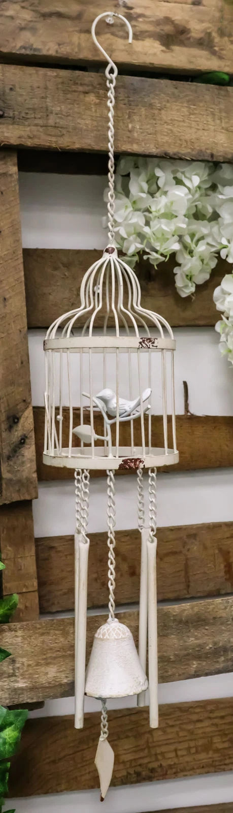 Whimsical Rustic White Bird Perching On Twig In Cage Aluminum Metal Wind Chime-1