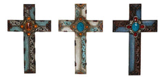 Pack Of 3 Rustic Western Tuscany Scrollwork Turquoise Amber Gems Wall Crosses-10