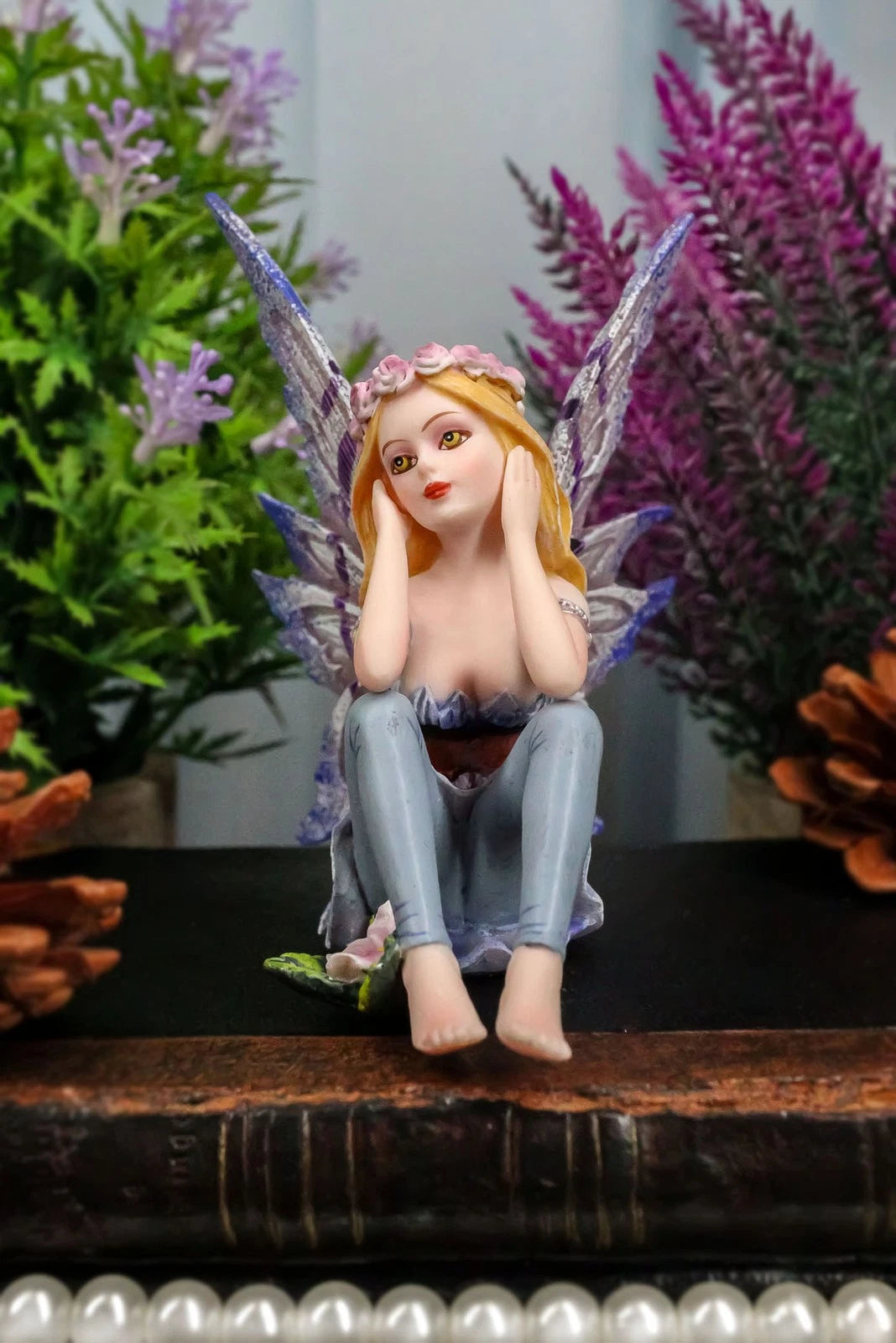 Small Meadowland Tribal Purple Periwinkle Flower Girl Fairy Daydreaming Figurine-7