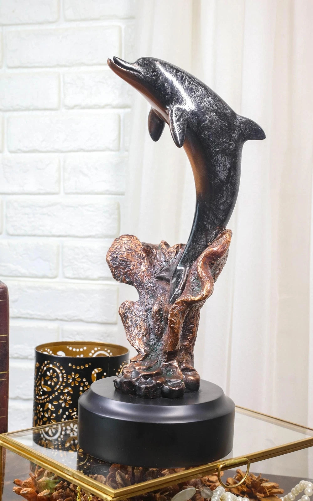 Marine Sea Dolphin Jumping Out Of Water Bronze Electroplated Resin Figurine-1