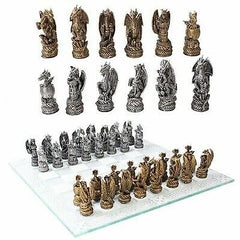Mythical Fantasy Dragon Dungeon Kingdoms Resin Chess Pieces With Glass Board Set-6