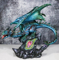 Large Aquamarine Iridescent Dragon Guarding LED Faux Crystal Geode Rock Figurine-1