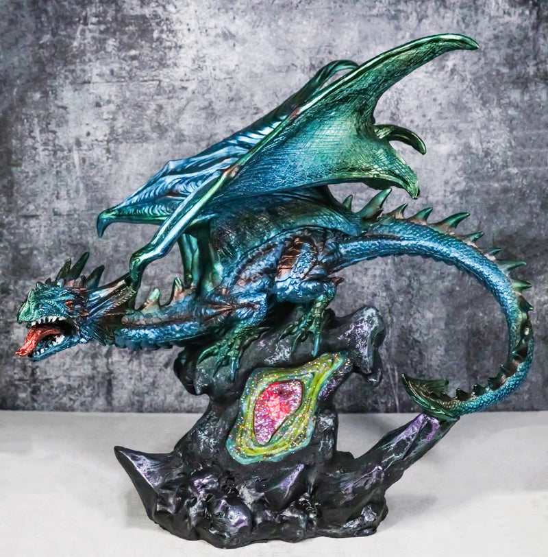 Large Aquamarine Iridescent Dragon Guarding LED Faux Crystal Geode Rock Figurine-1