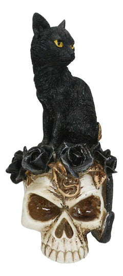 Figura de gato gótico, felino negro sentado sobre una rosa, estatua de calavera de vampiro fantasma, 18 cm de alto, decoración del hogar, exhibición, adorno de escritorio, decoración de Halloween, regalo de fantasía gótica-8
