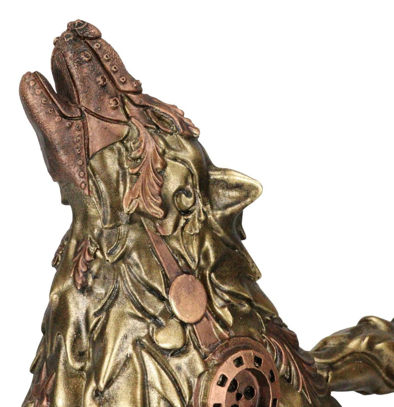 Steampunk Armor Geared Golden Robotic Alpha Wolf Howling At The Moon Statue-7