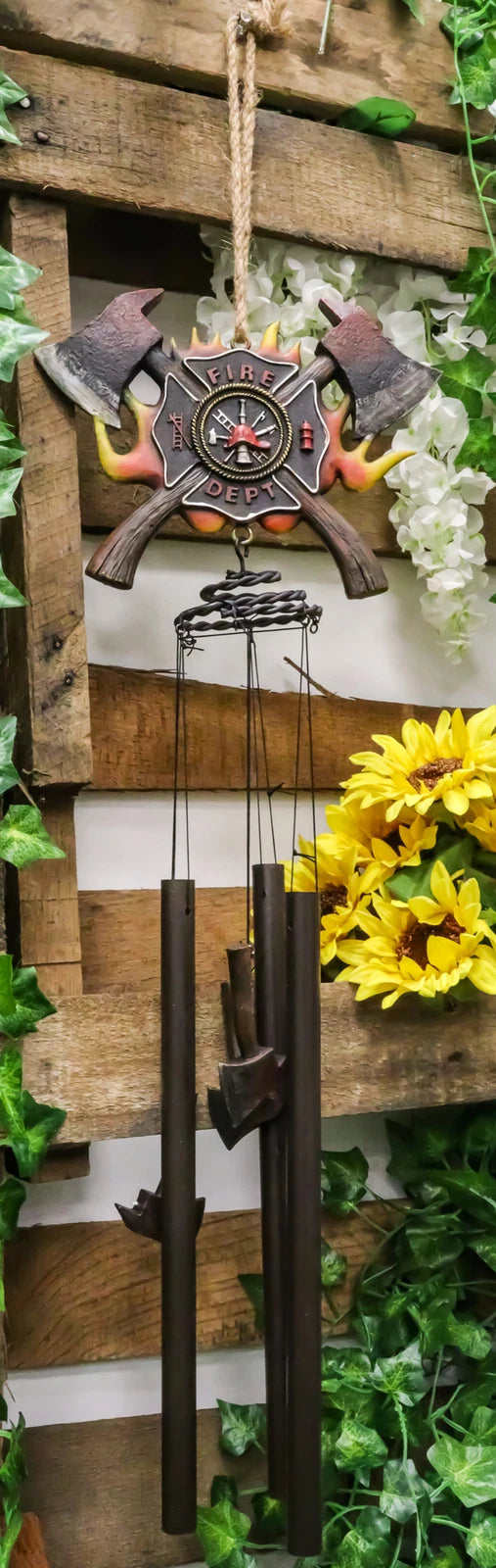 Maltese Cross Crest With Crossed Fire Fighter Axe Fireman Wind Chime Decor-1