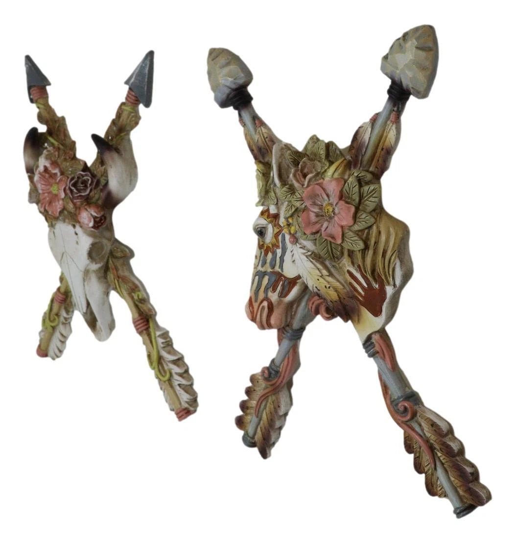 Set of 2 Western Floral Blooms Cow Skull & Horse With Crossed Arrows Wall Decor-7