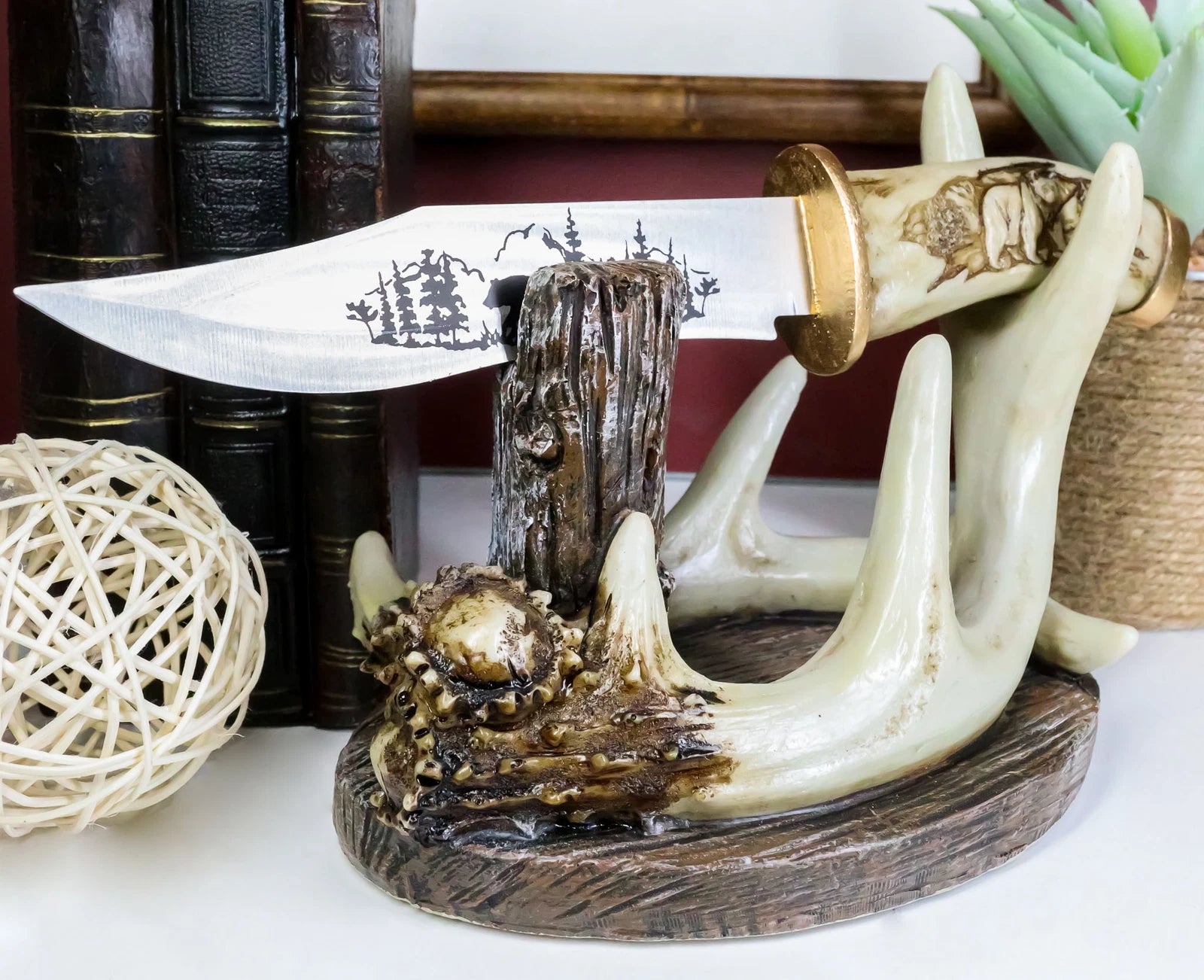Western Rustic 8 Point Buck Stag Deer Antlers Display With Bear Sculpted Dagger-8