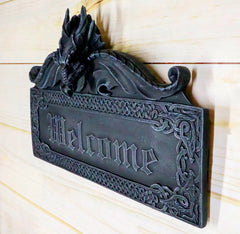 Celtic Medieval Gothic Guardian Dragon Welcome Plaque Door Wall Sculpture-2