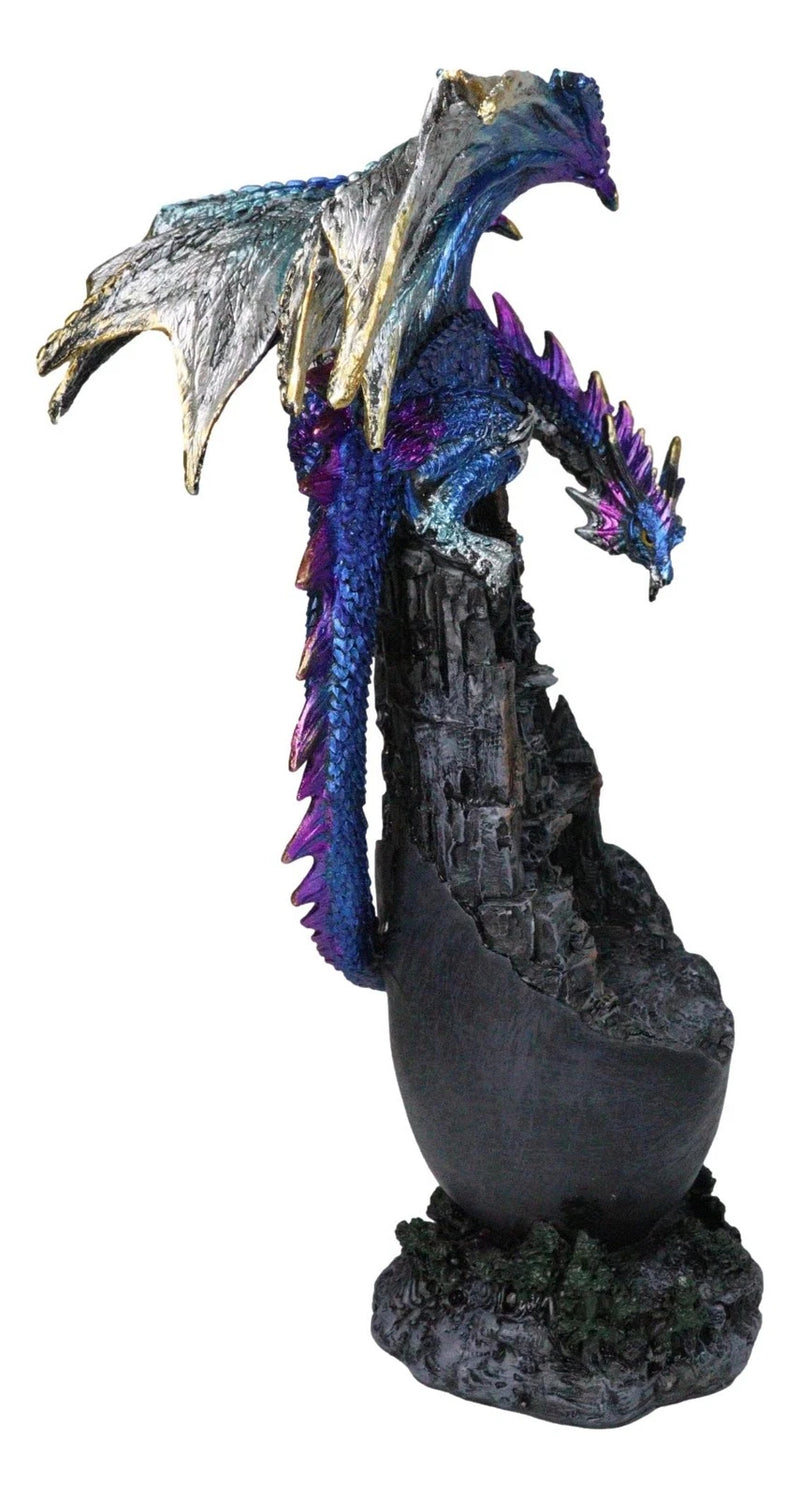 Medieval Blue Dragon Perching On Abandoned Castle Tower Ruins Figurine 12"H-8