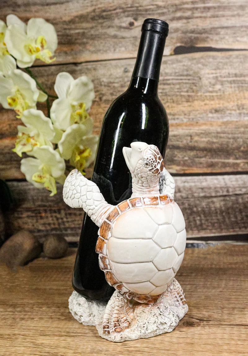 Nautical Marine Distressed Antique White Sea Turtle Wine Bottle Holder Figurine-1
