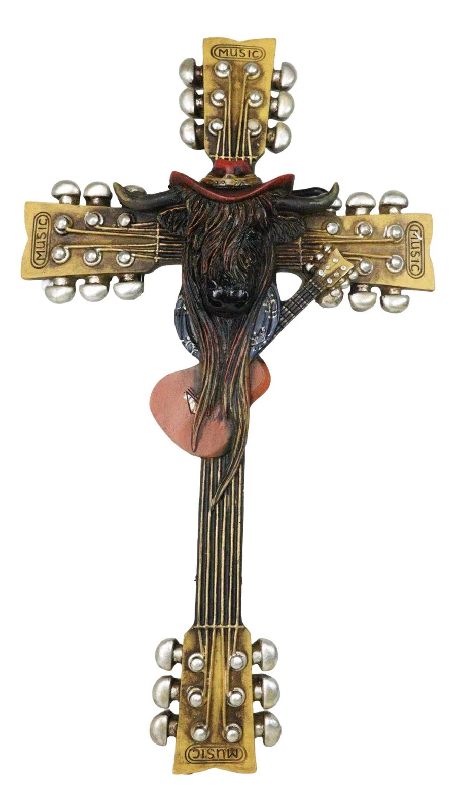 Western Rock And Roll Music Guitars With Cowboy Highland Cow Wall Cross Plaque-7