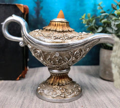 Floral Ornate Aladdin Genie Magical Lamp Backflow Incense Cone Burner Figurine-2