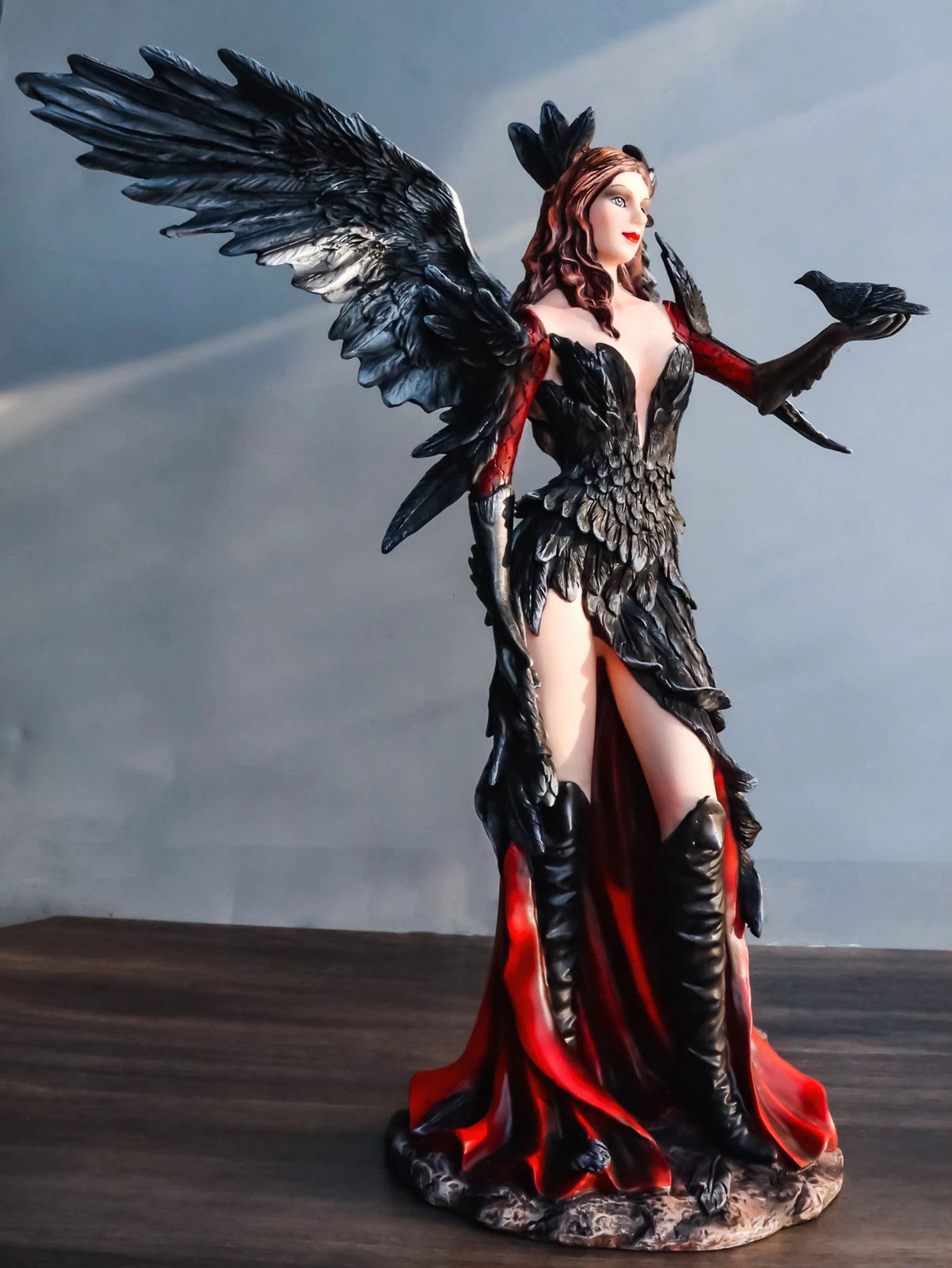 Gothic Raven Crow Trainer Angel Fairy In Black And Crimson Feather Gown Statue-10