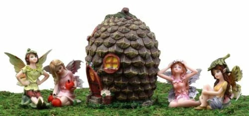 Fairy Garden Miniatures Starter Kit Pine Cone Cottage With 4 Fairy Figurines Set-4