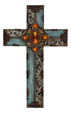 Pack Of 3 Rustic Western Tuscany Scrollwork Turquoise Amber Gems Wall Crosses-9