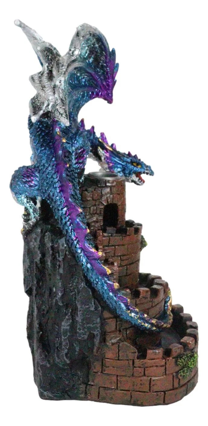 Metallic Blue Dragon On Spiral Steps Castle Tower Backflow Incense Cone Burner-6