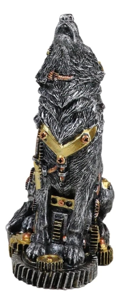Steampunk Silver Alpha Wolf Howling Statue with Gears Base 7.5"H Figurine-7