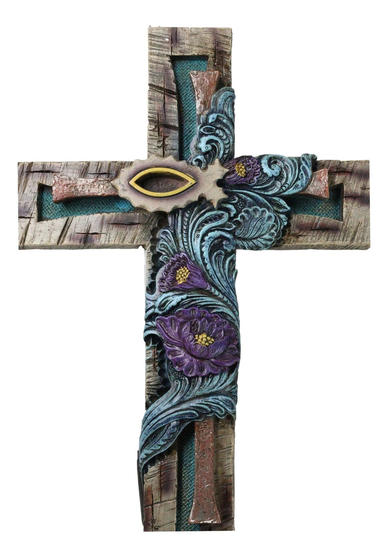 Rustic Turquoise Floral Blooms Ichthys Jesus Fish Symbol Faux Wooden Wall Cross-9