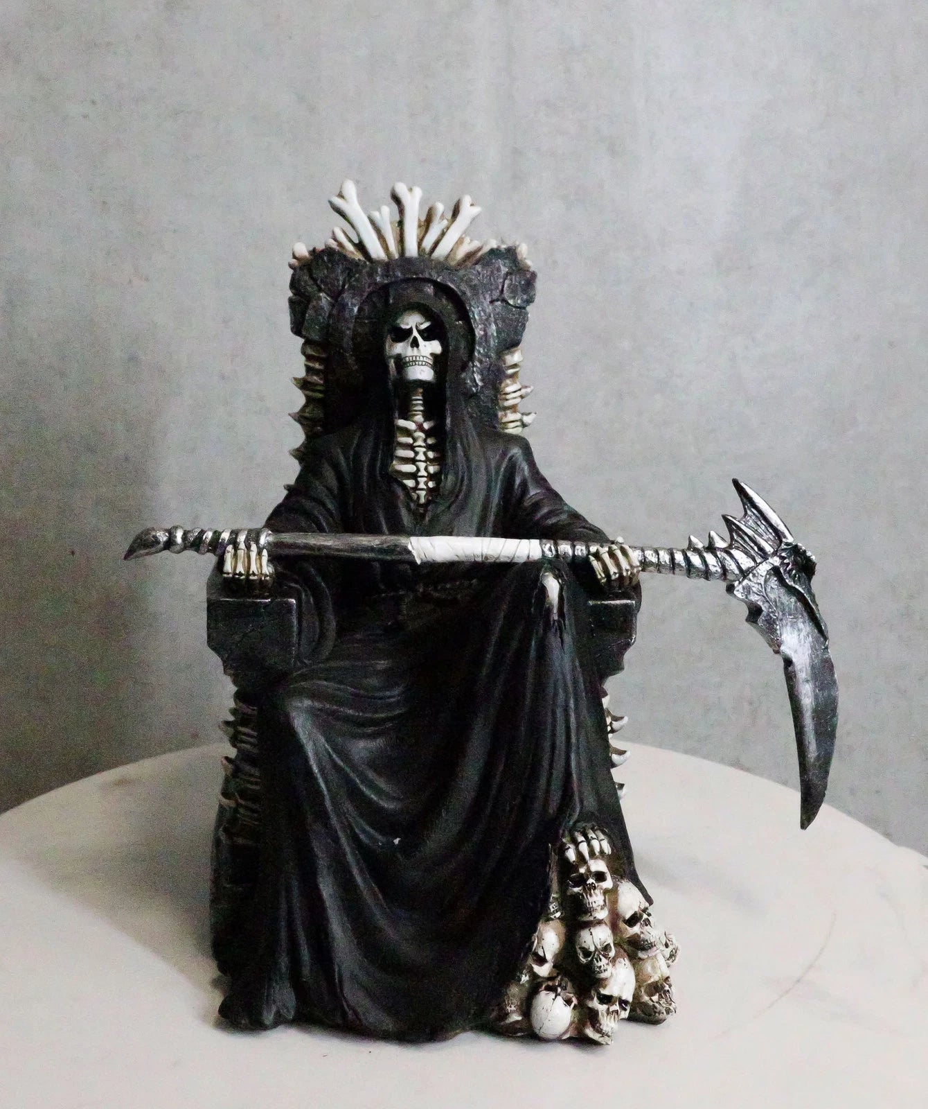 Grim Reaper Figurine, Death Skeleton Throne Statue 10.5" Tall Gothic Home Decor, Sitting Reaper Collectible, Halloween Accent, Desk or Shelf Ornament, Dark Fantasy Sculpture-5